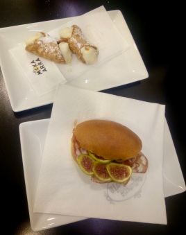 Canolis and a mini fig and coppa sangwich